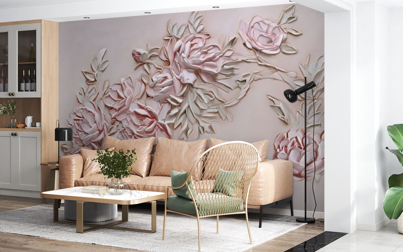 Fototapet frunze verzi pe o ramură de flori roz