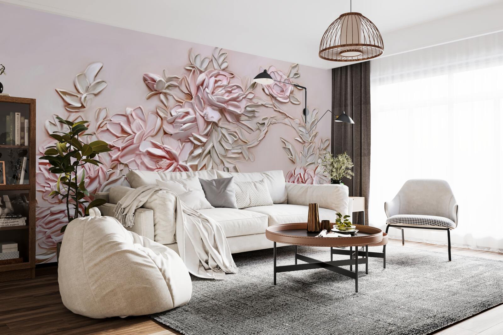 Fototapet frunze verzi pe o ramură de flori roz