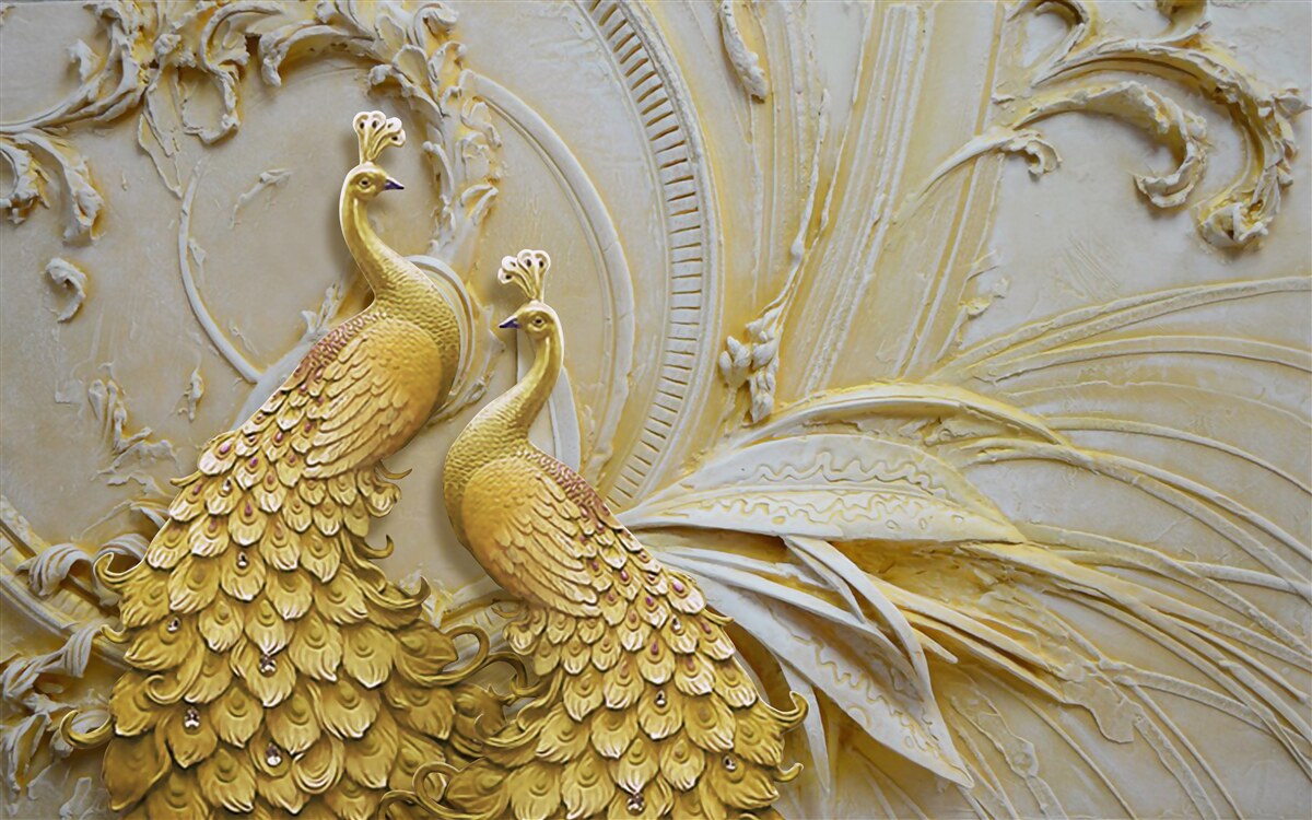 Fototapet pereche volumetrică de păuni aurii