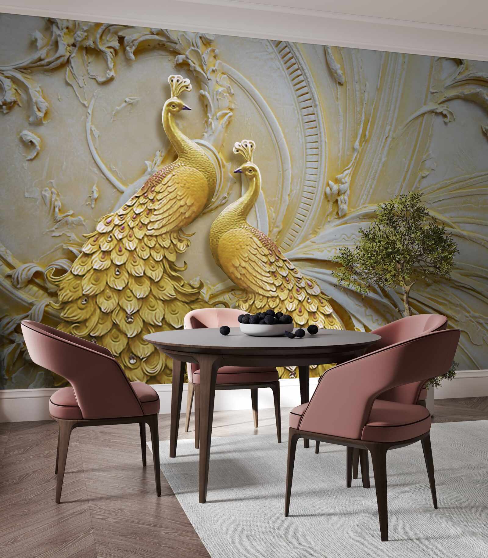 Fototapet pereche volumetrică de păuni aurii