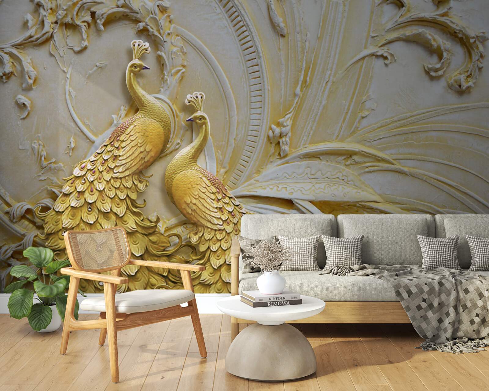 Fototapet pereche volumetrică de păuni aurii