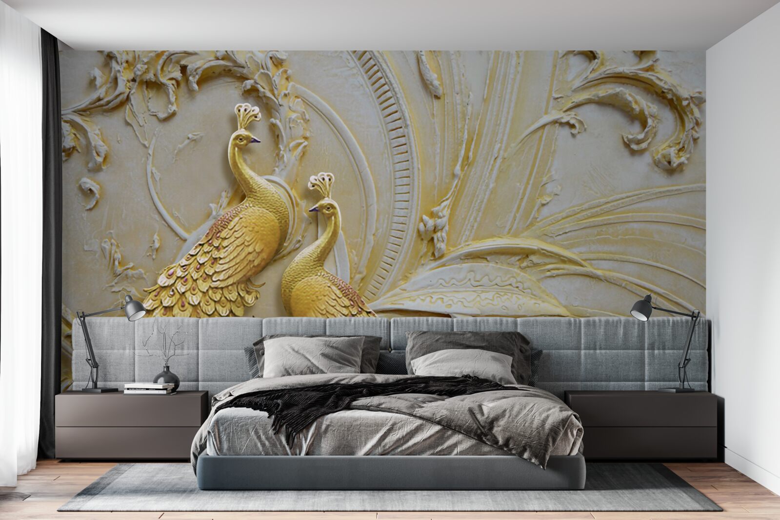 Fototapet pereche volumetrică de păuni aurii