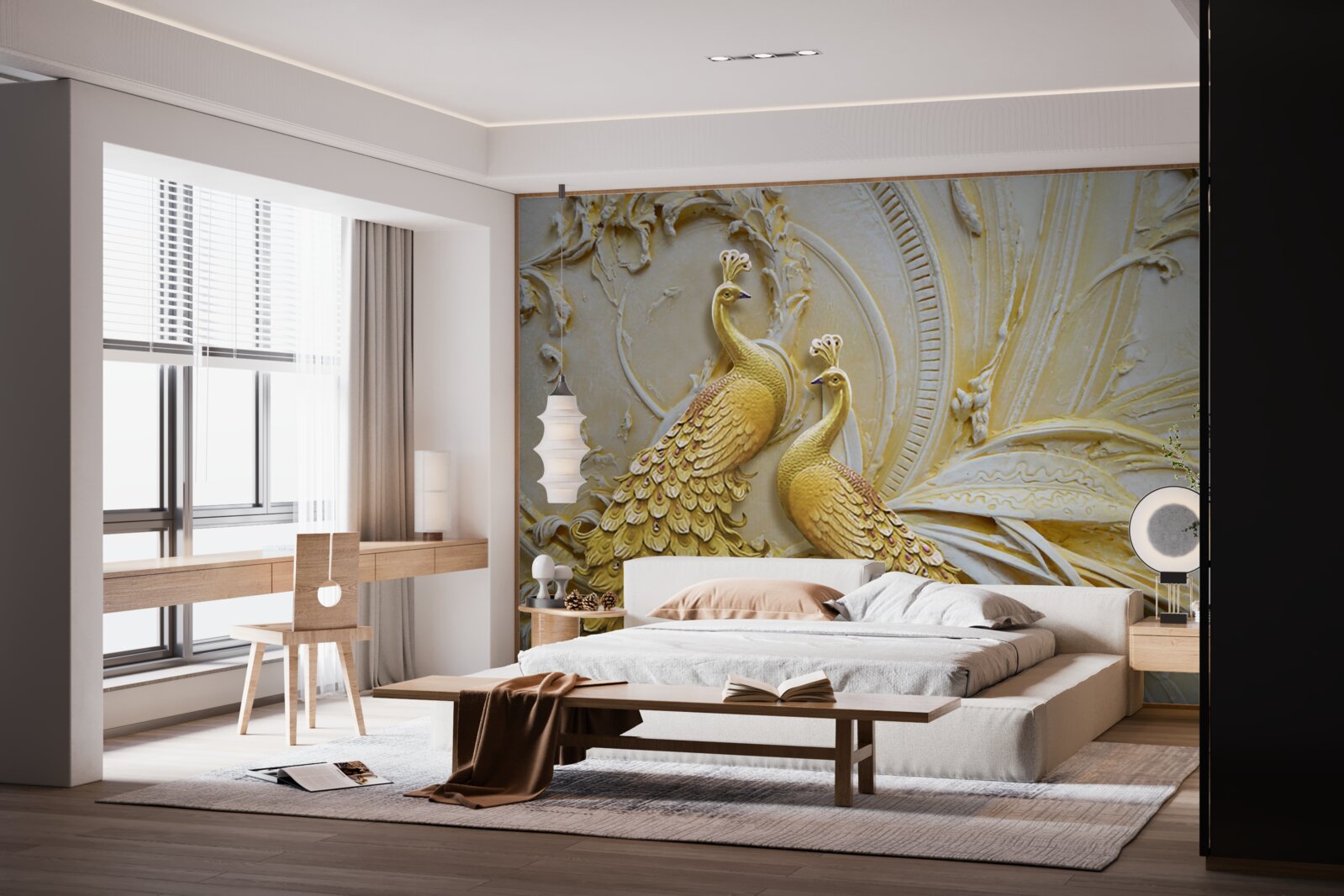 Fototapet pereche volumetrică de păuni aurii