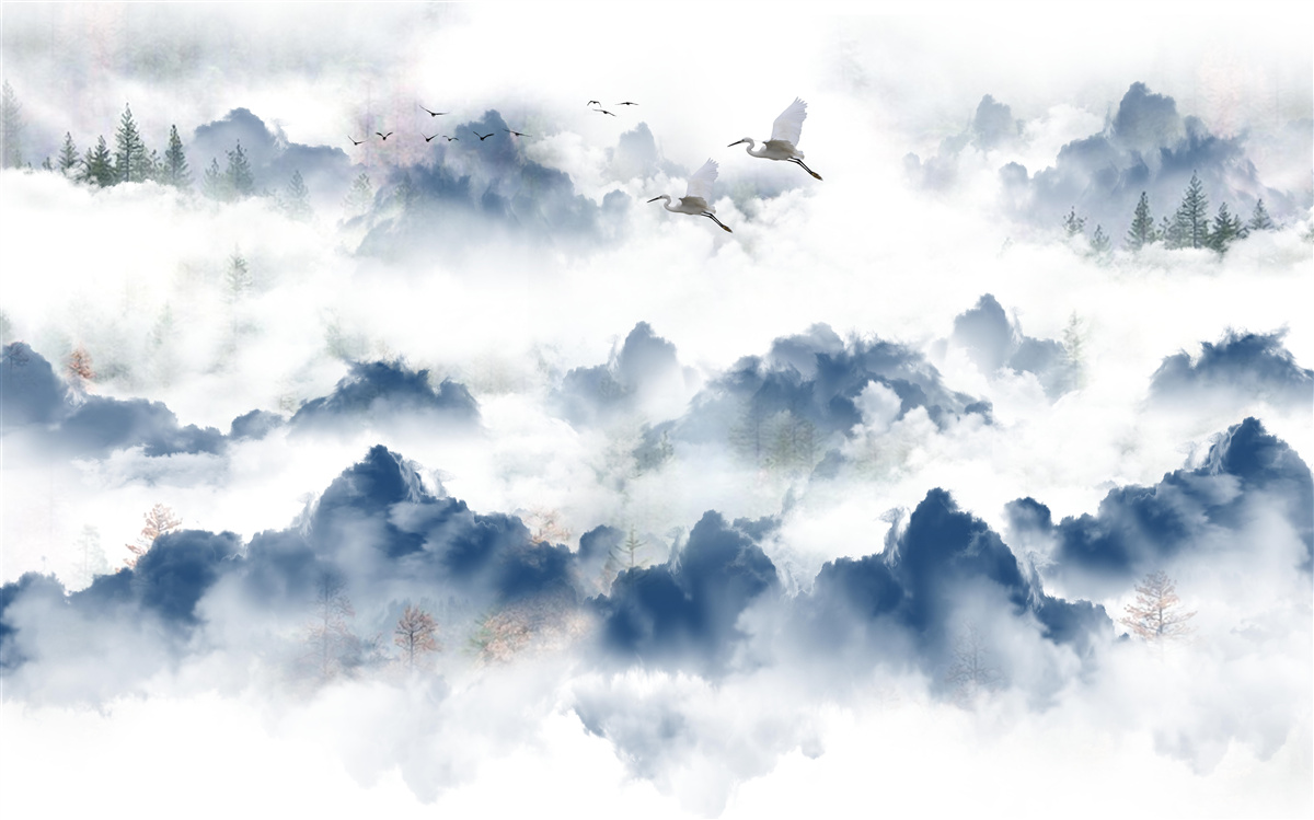 Fototapet creaturi cu pene zboară peste vârfurile cețoase ale lanțurilor muntoase