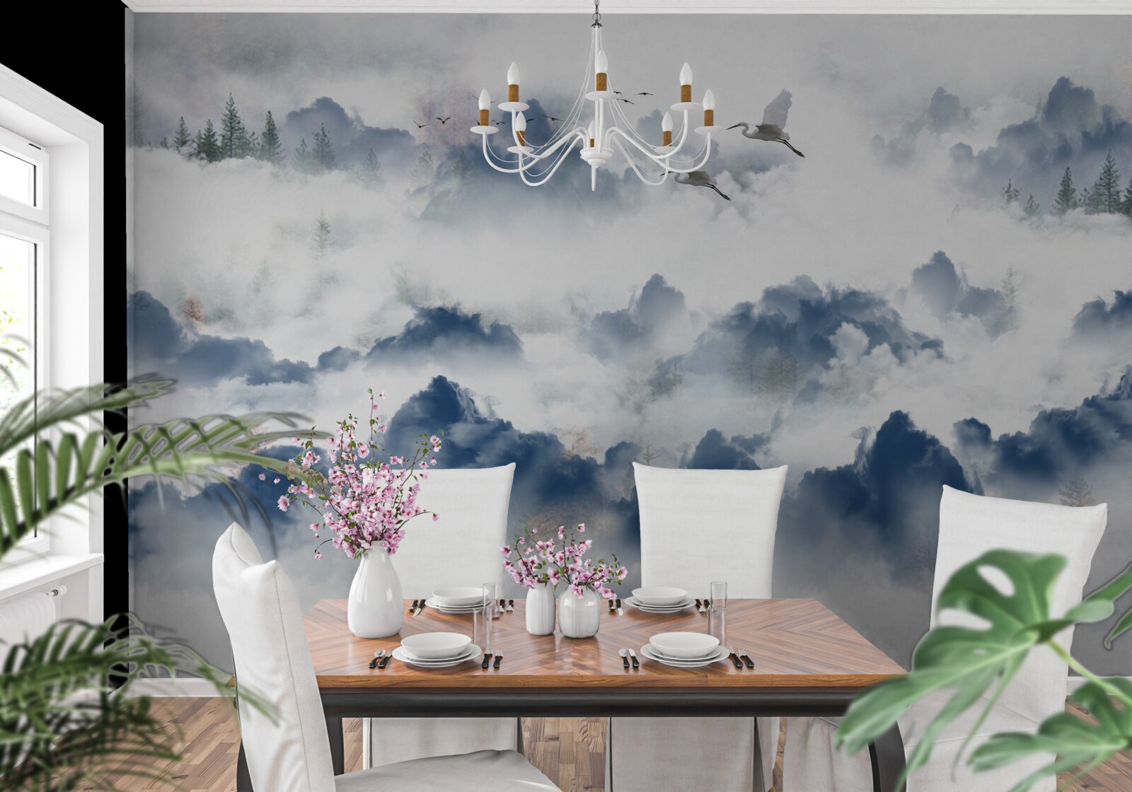 Fototapet creaturi cu pene zboară peste vârfurile cețoase ale lanțurilor muntoase