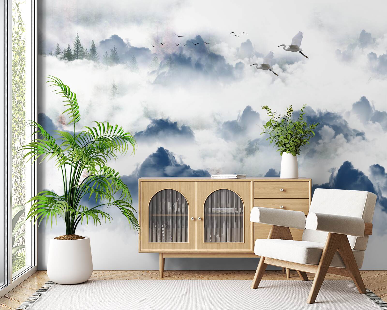 Fototapet creaturi cu pene zboară peste vârfurile cețoase ale lanțurilor muntoase