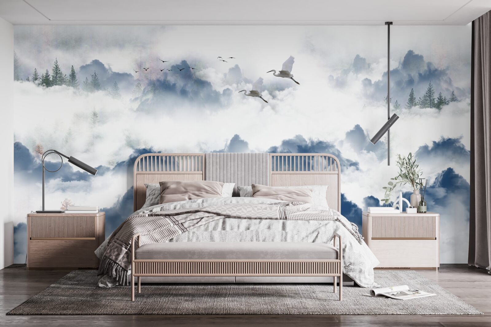 Fototapet creaturi cu pene zboară peste vârfurile cețoase ale lanțurilor muntoase