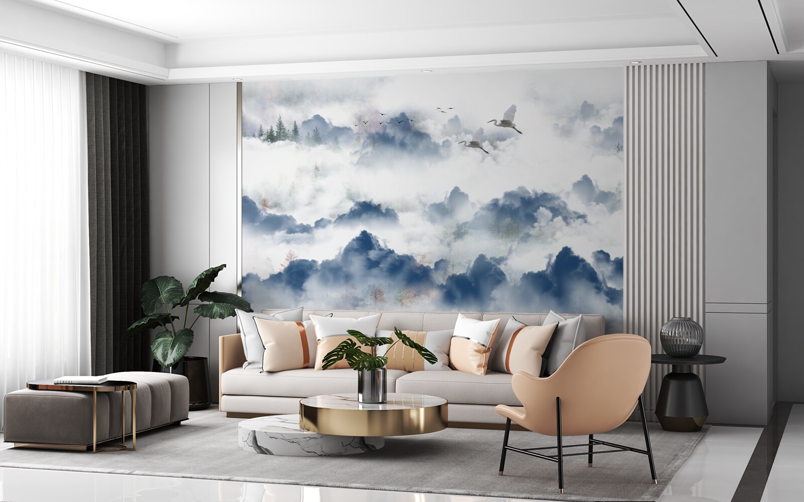 Fototapet creaturi cu pene zboară peste vârfurile cețoase ale lanțurilor muntoase