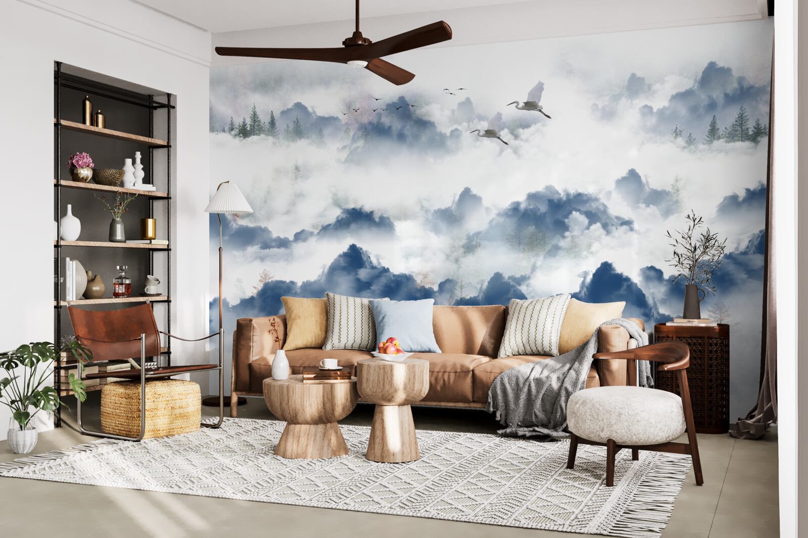 Fototapet creaturi cu pene zboară peste vârfurile cețoase ale lanțurilor muntoase