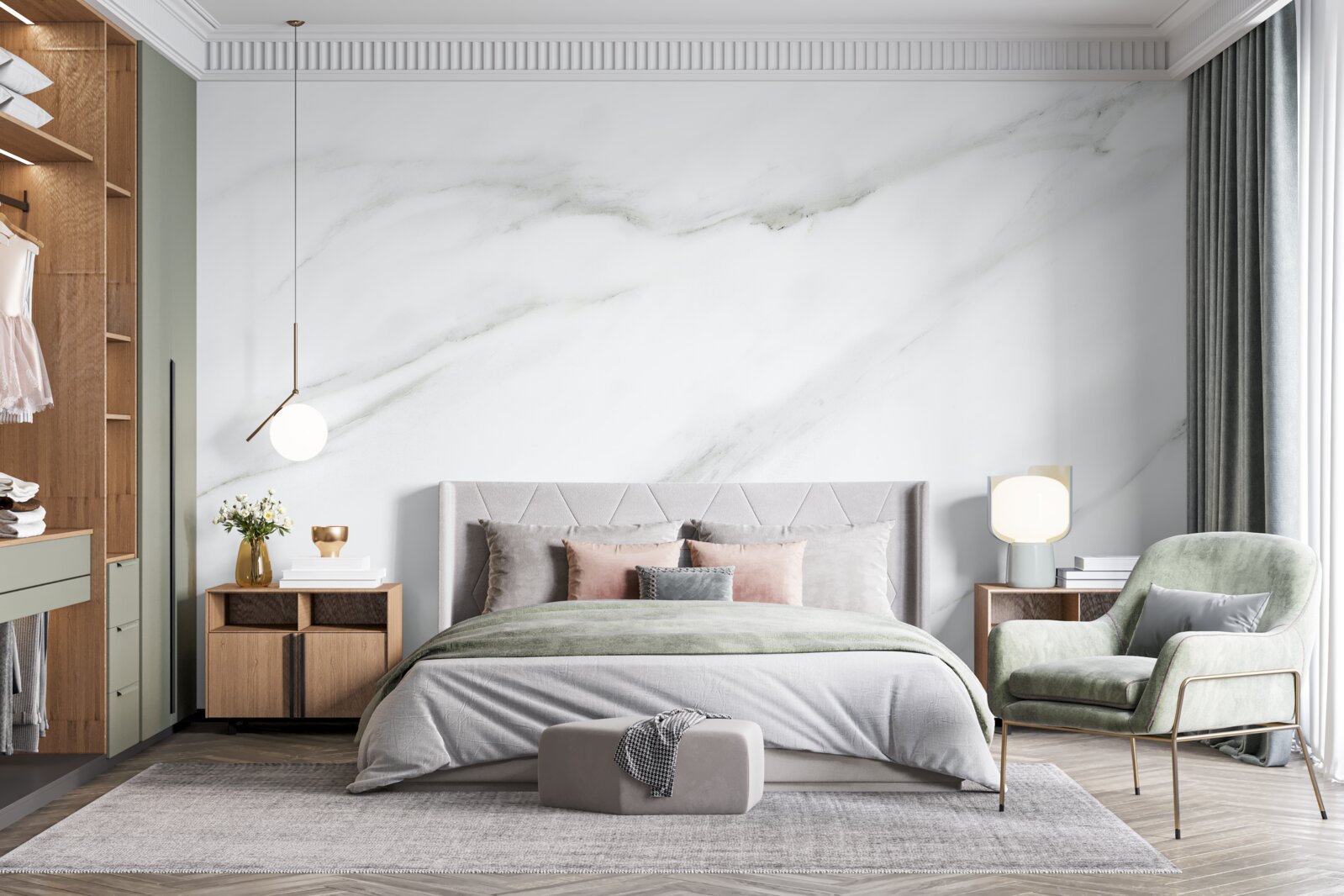 Fototapet Marmură albă ca zăpada cu modele de valuri gri