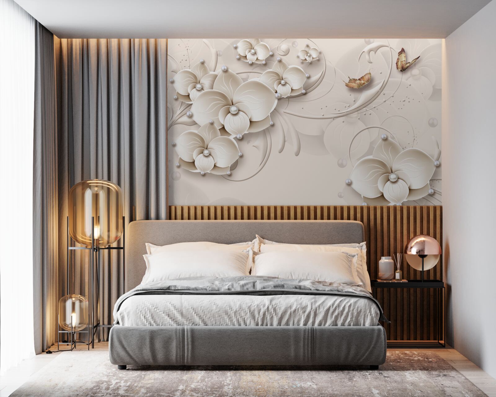 Fototapet fluturi și ramuri ale unei orhidee albe ca zăpada