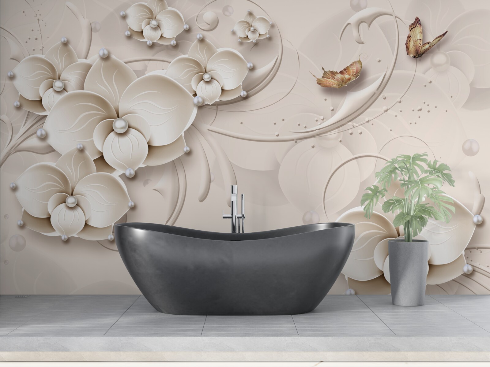 Fototapet fluturi și ramuri ale unei orhidee albe ca zăpada