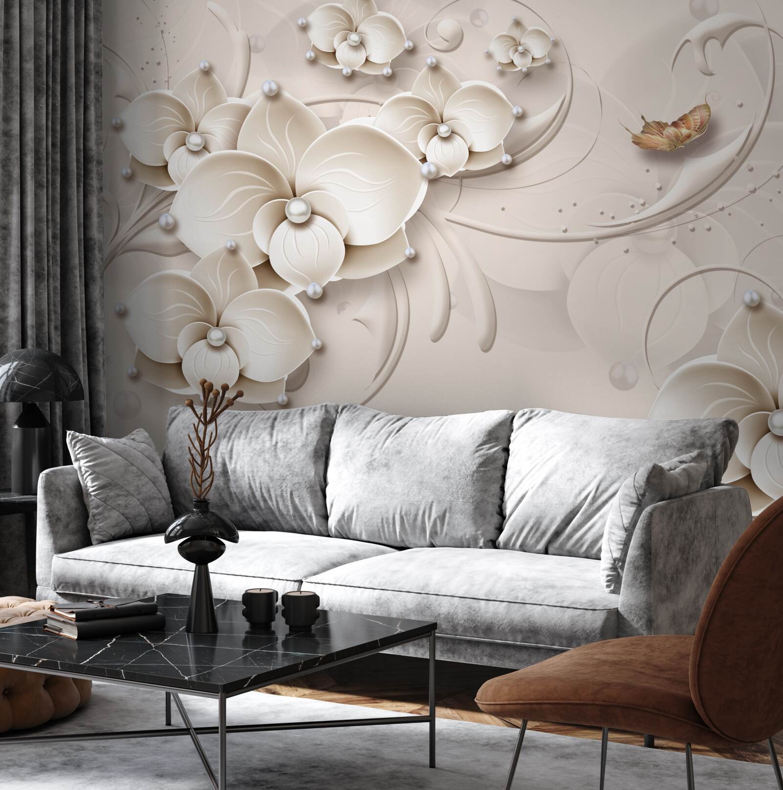 Fototapet fluturi și ramuri ale unei orhidee albe ca zăpada