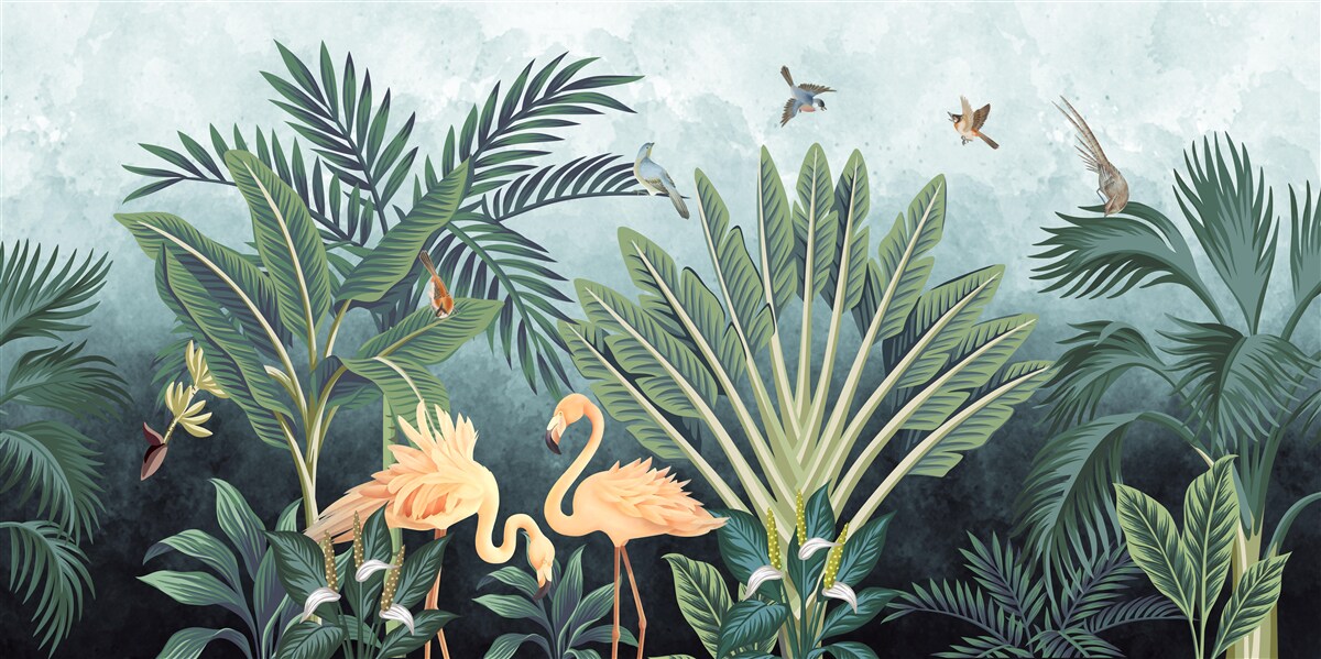 Fototapet în junglă, flamingo roz strălucesc pe apă