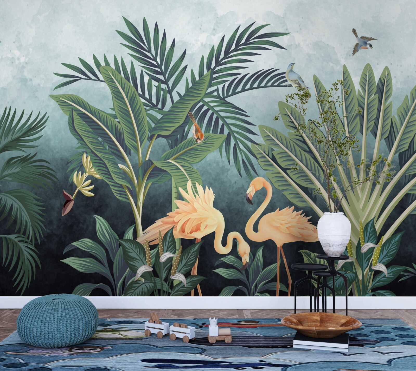 Fototapet în junglă, flamingo roz strălucesc pe apă