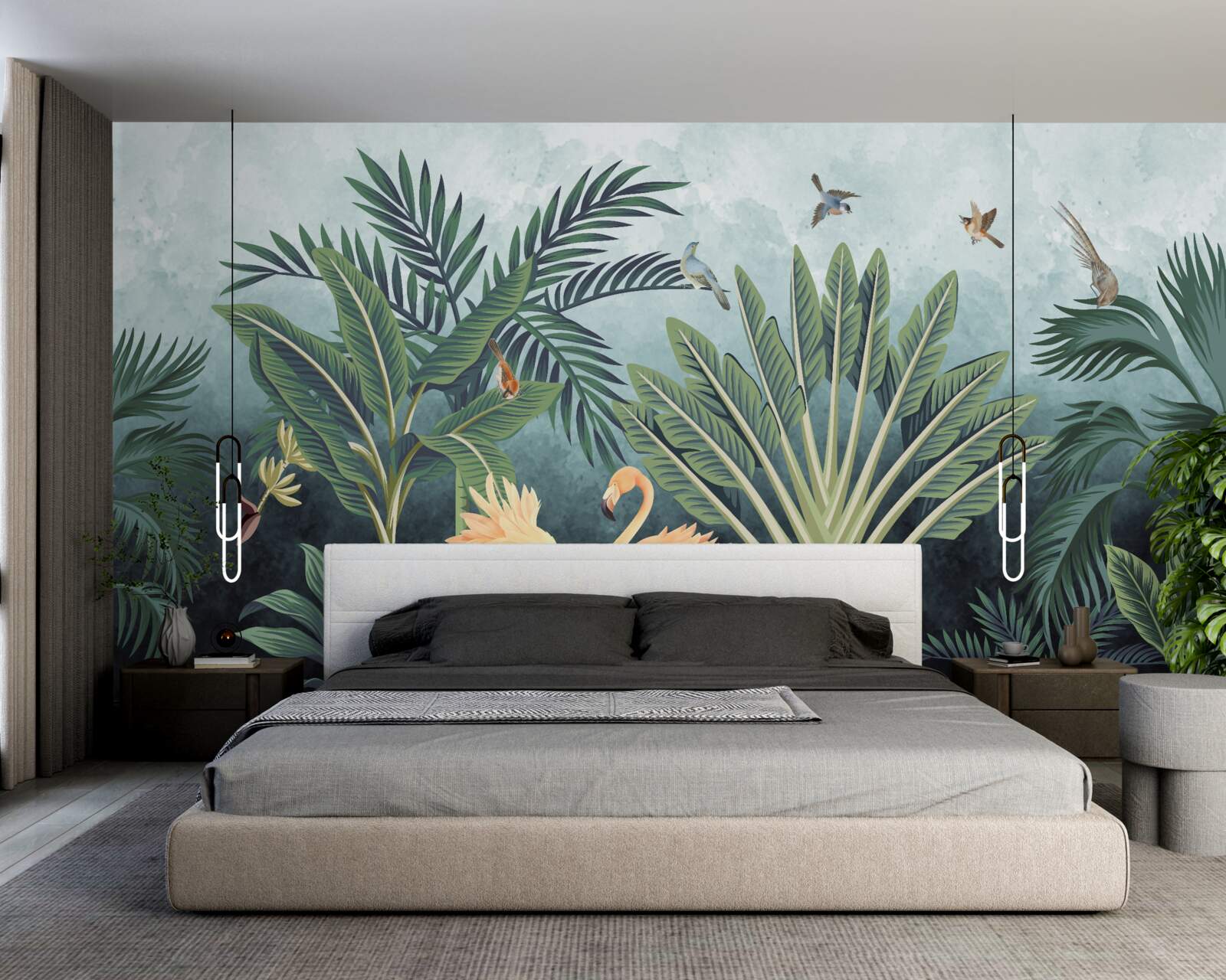 Fototapet în junglă, flamingo roz strălucesc pe apă