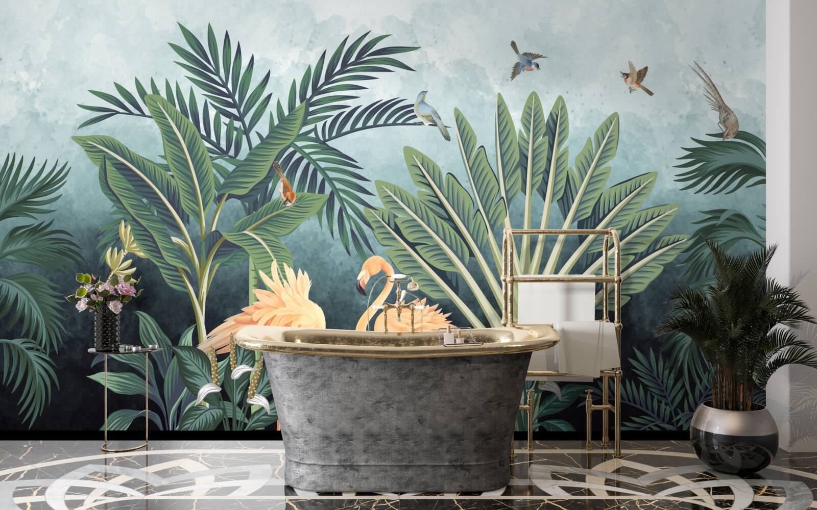 Fototapet în junglă, flamingo roz strălucesc pe apă