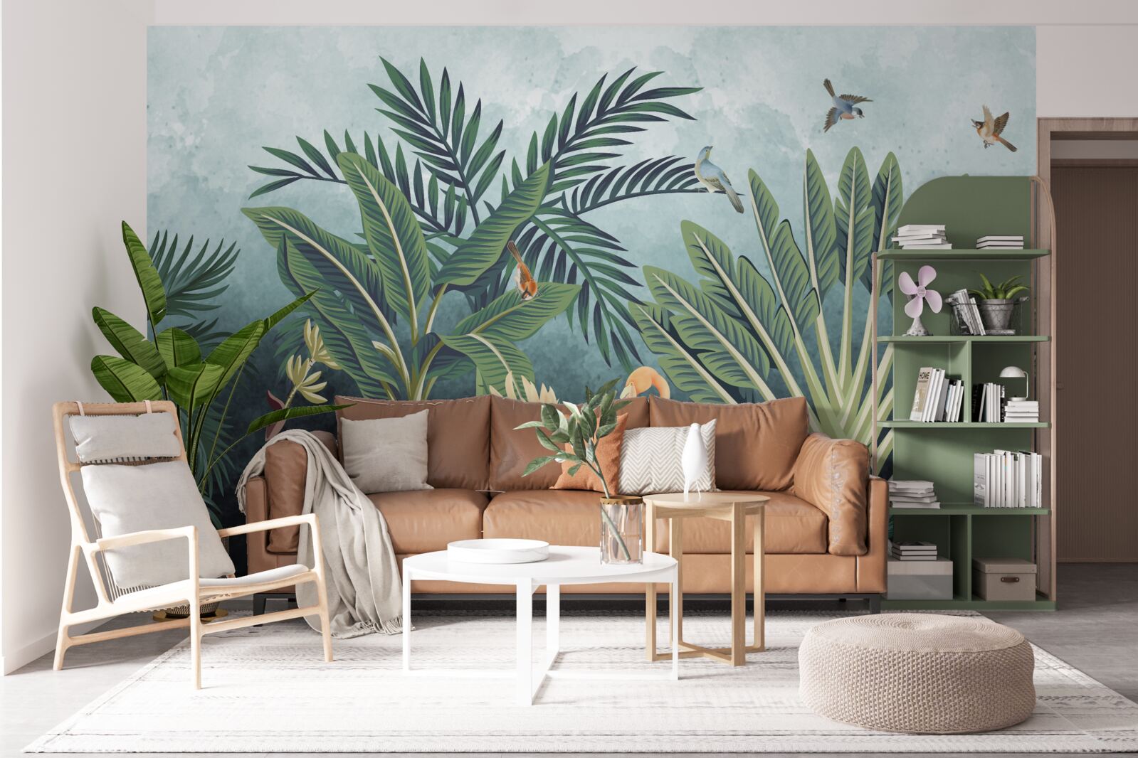 Fototapet în junglă, flamingo roz strălucesc pe apă