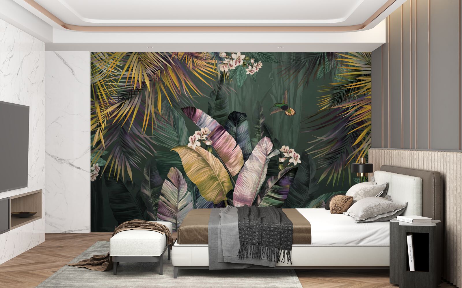 Fototapet plante asemănătoare penelor într-o pădure nocturnă