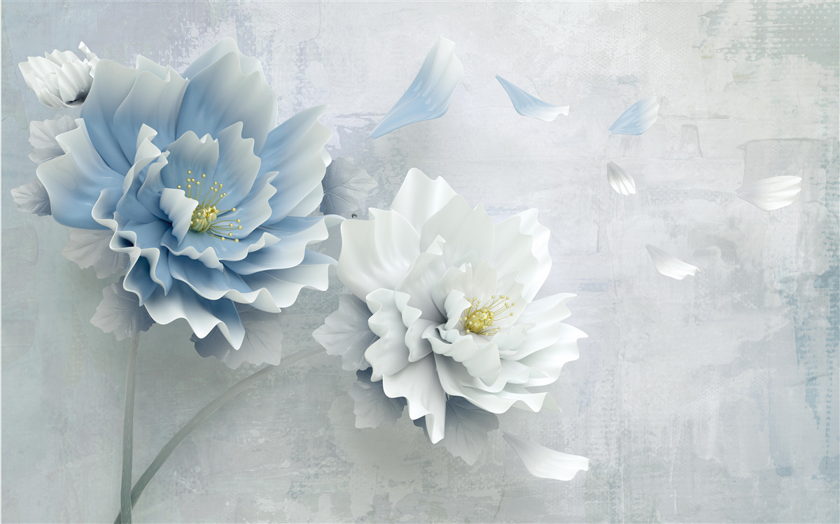 Fototapet imagine abstractă a unei flori albe și albastre pe un fundal montan