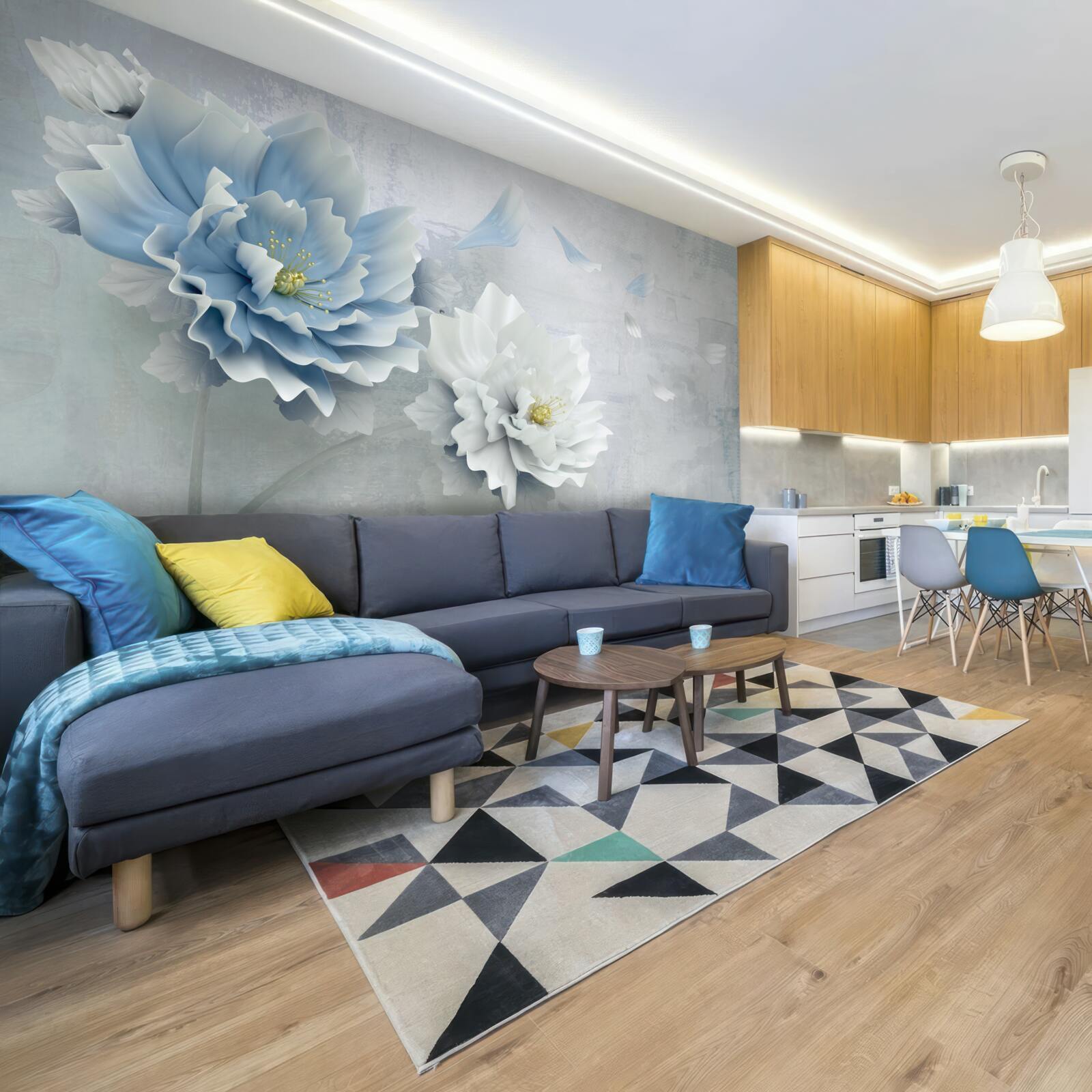 Fototapet imagine abstractă a unei flori albe și albastre pe un fundal montan