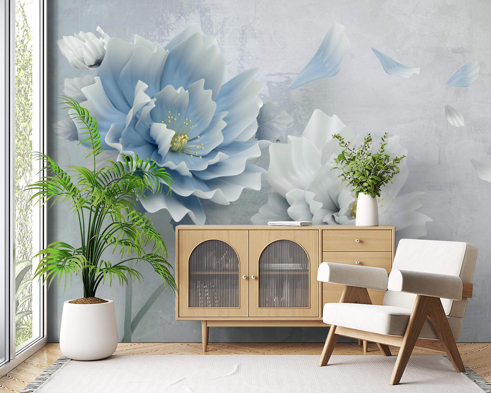 Fototapet imagine abstractă a unei flori albe și albastre pe un fundal montan