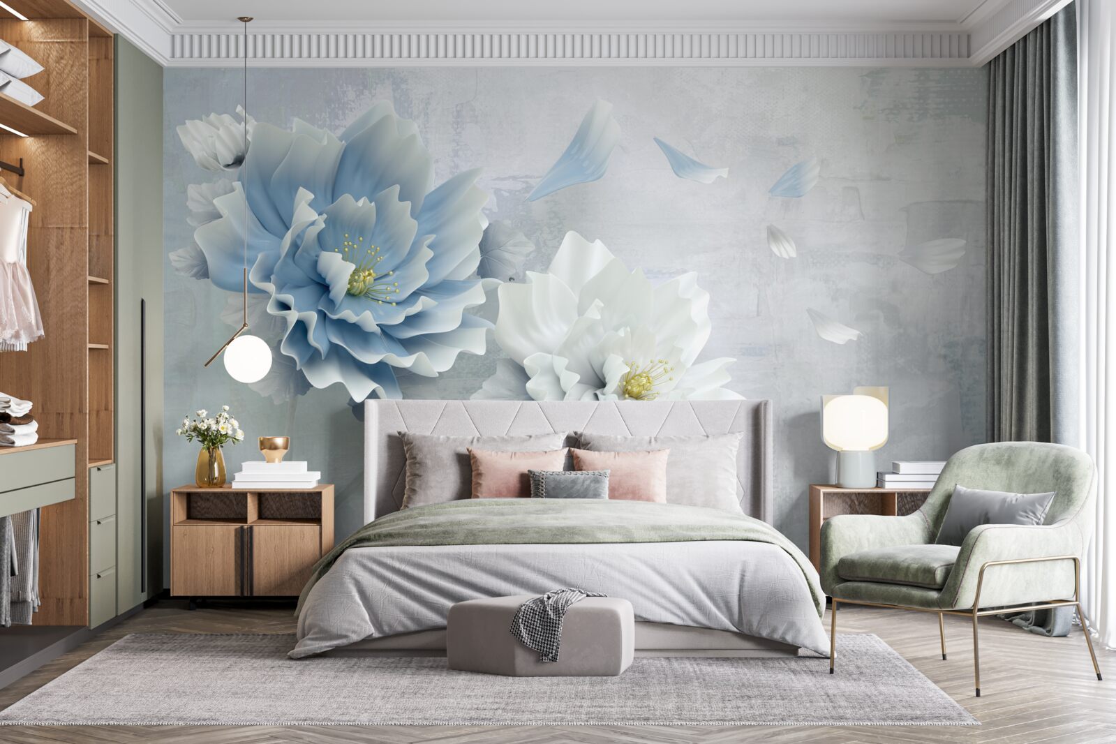 Fototapet imagine abstractă a unei flori albe și albastre pe un fundal montan