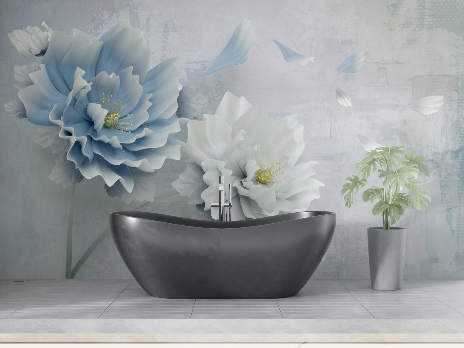 Fototapet imagine abstractă a unei flori albe și albastre pe un fundal montan