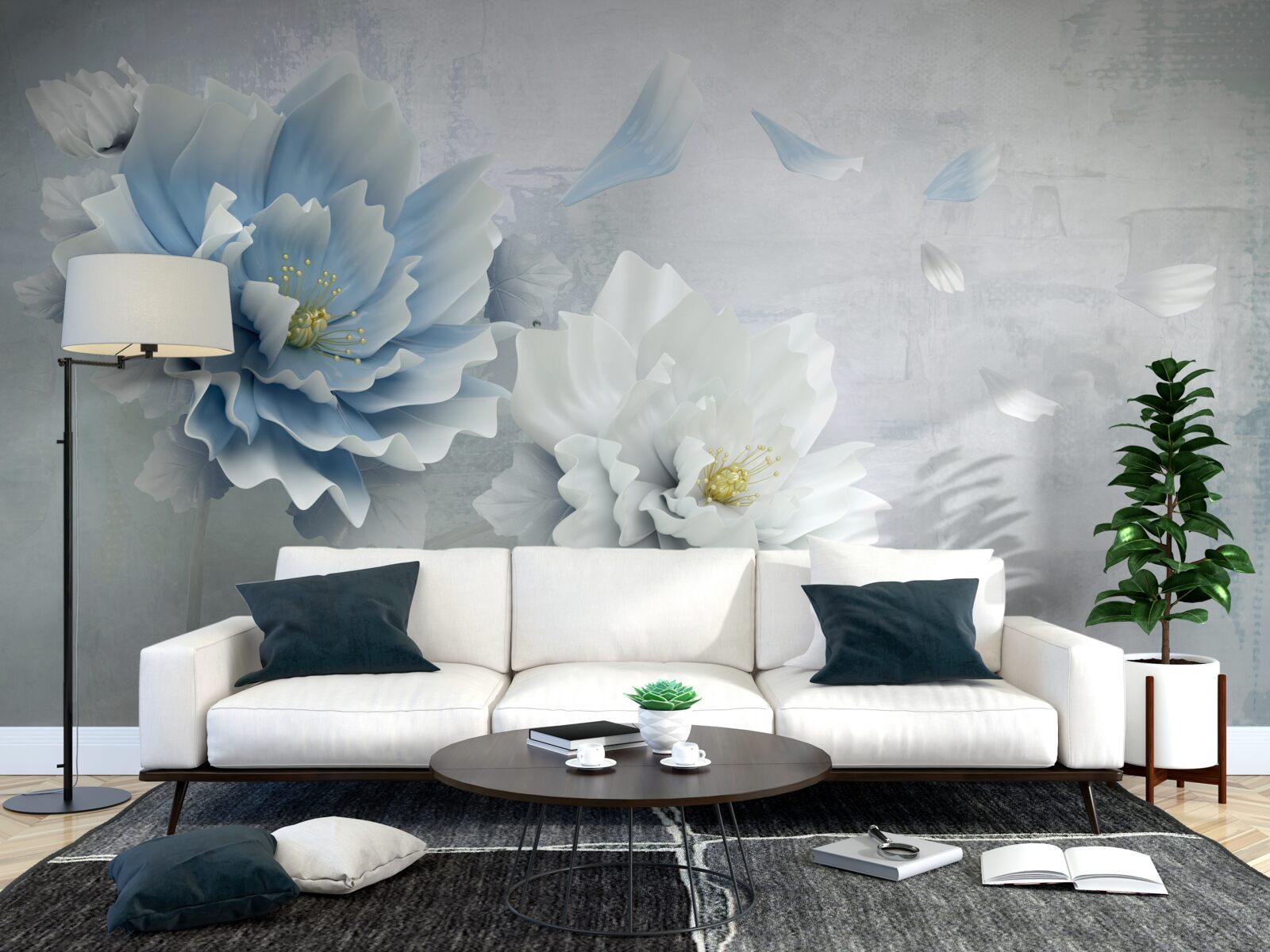 Fototapet imagine abstractă a unei flori albe și albastre pe un fundal montan