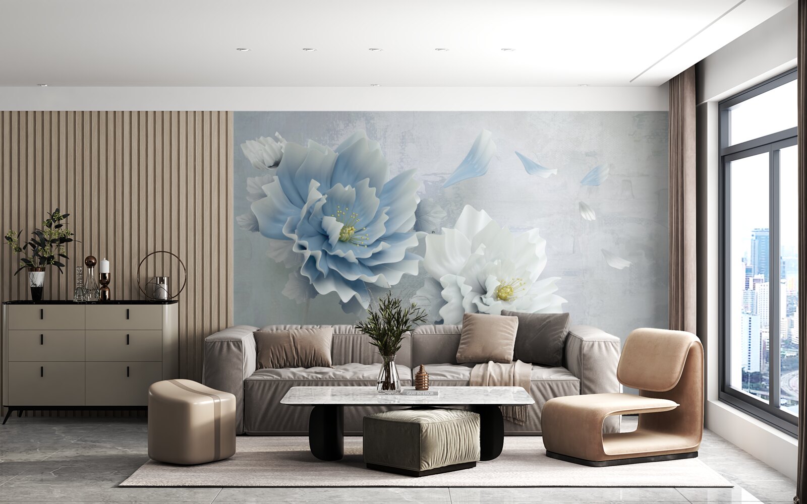 Fototapet imagine abstractă a unei flori albe și albastre pe un fundal montan