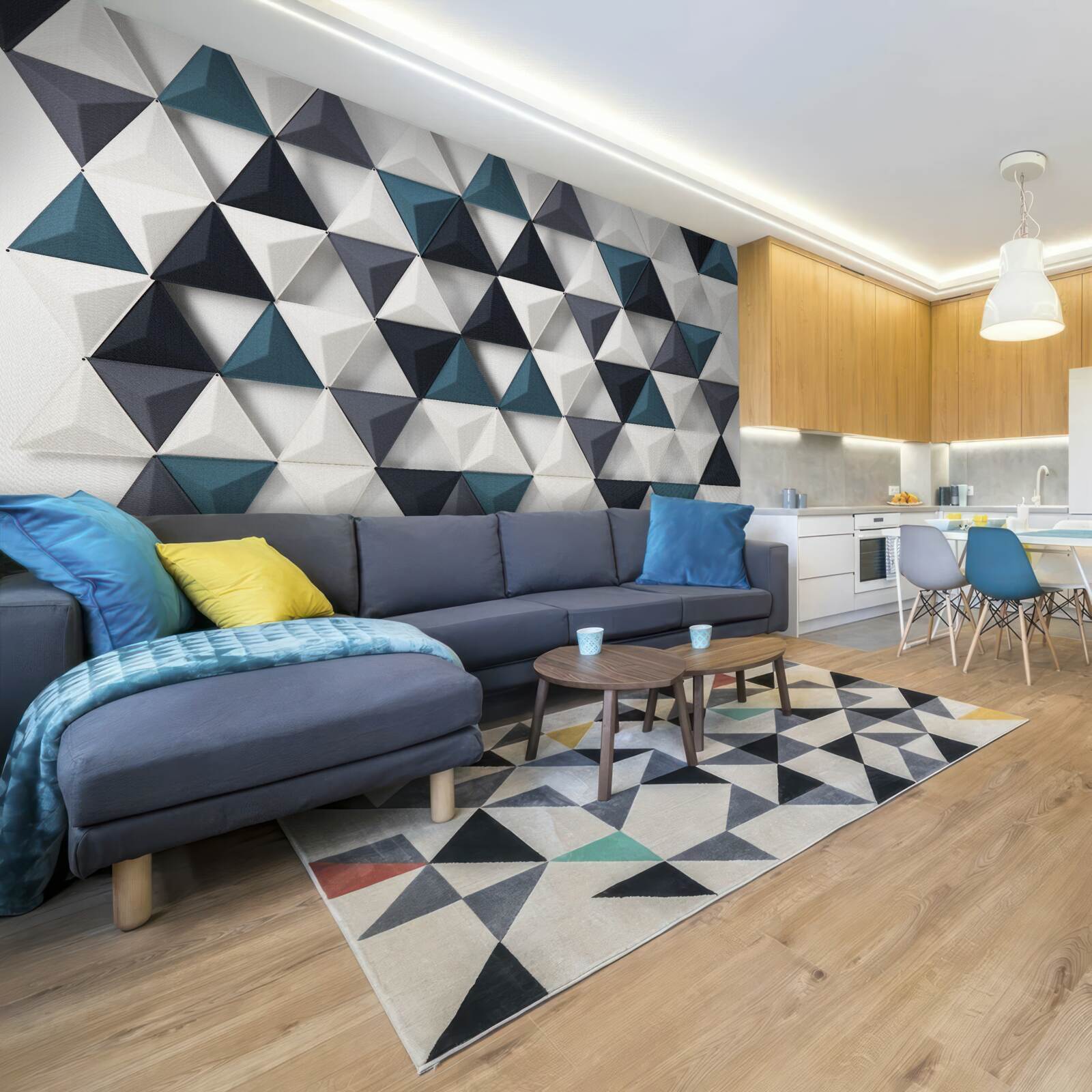 Fototapet triunghiuri volumetrice în nuanțe de alb și smarald