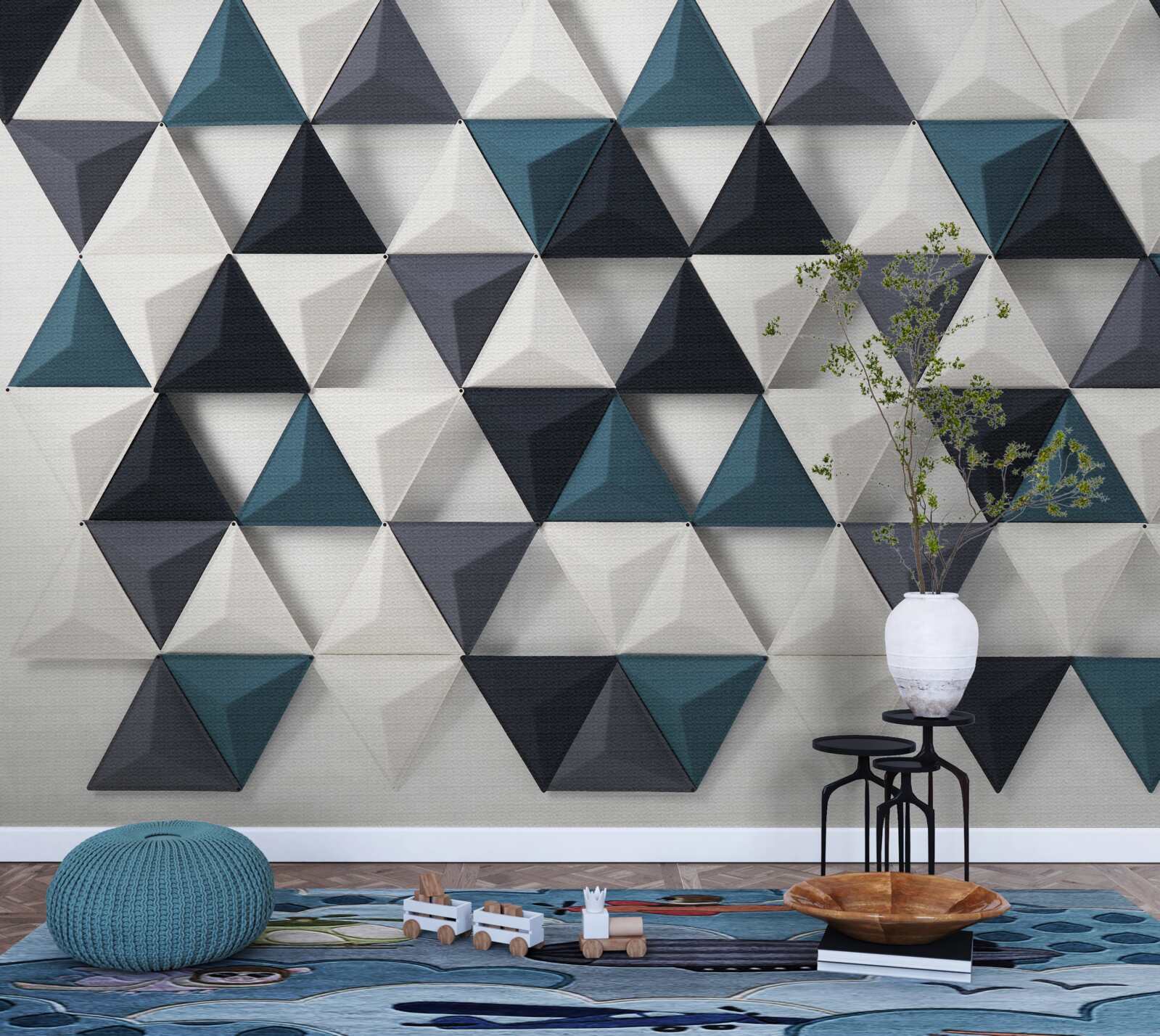 Fototapet triunghiuri volumetrice în nuanțe de alb și smarald