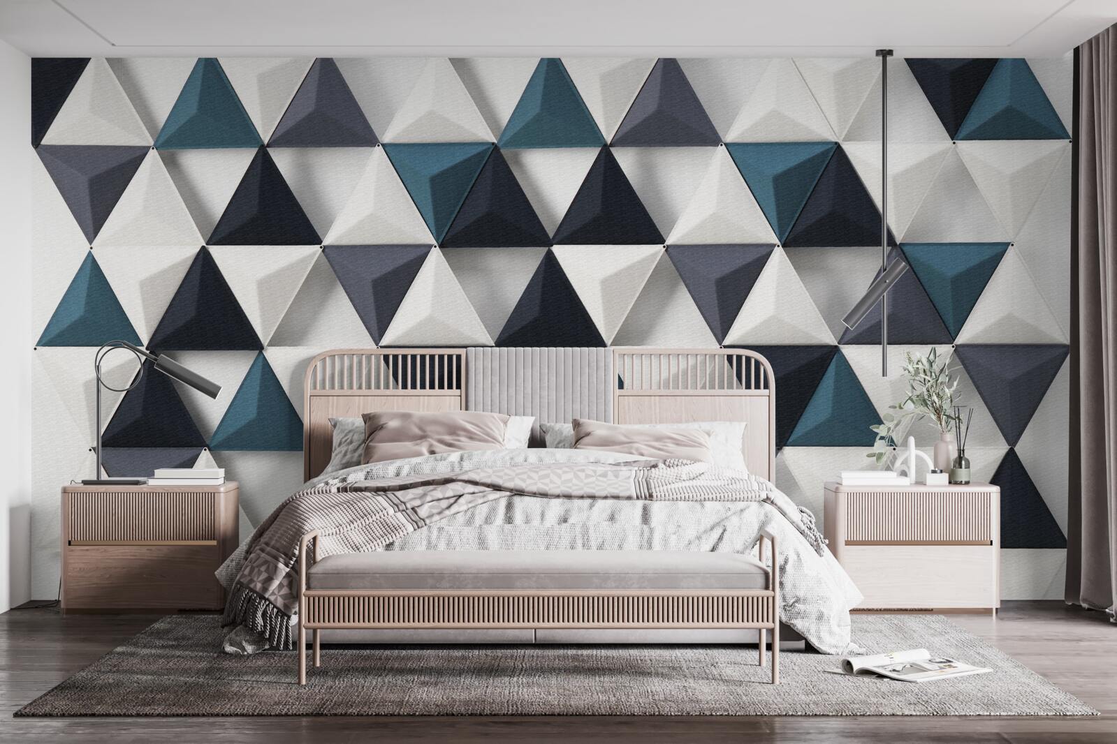 Fototapet triunghiuri volumetrice în nuanțe de alb și smarald