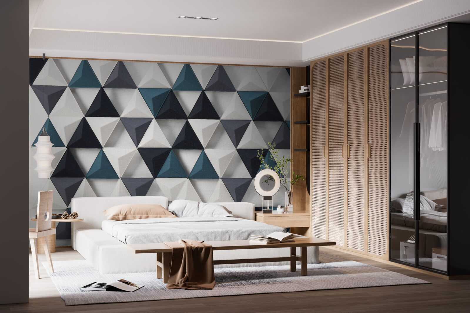 Fototapet triunghiuri volumetrice în nuanțe de alb și smarald