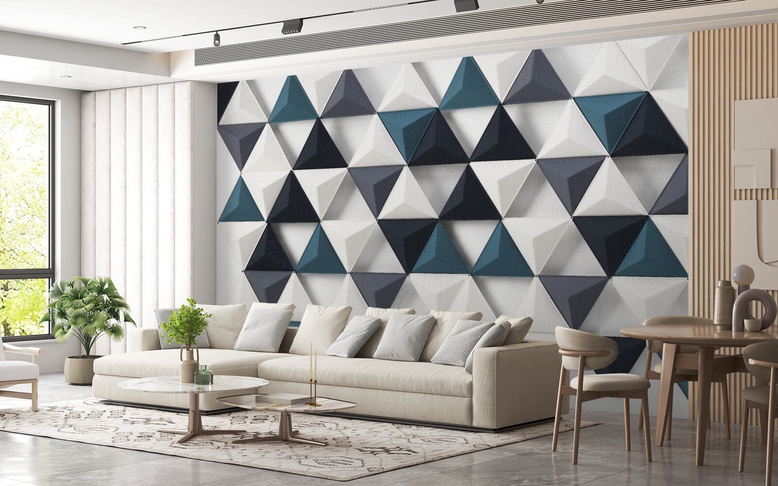 Fototapet triunghiuri volumetrice în nuanțe de alb și smarald