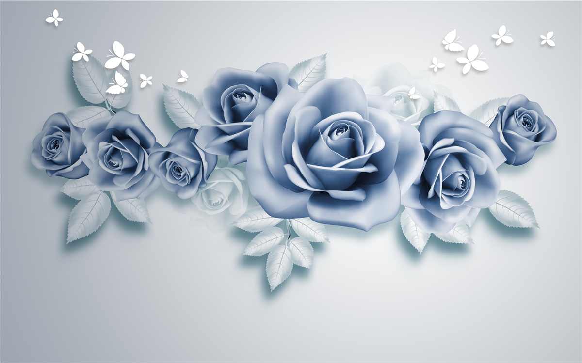 Fototapet Fluturi albi ca zăpada și trandafiri albaștri moi
