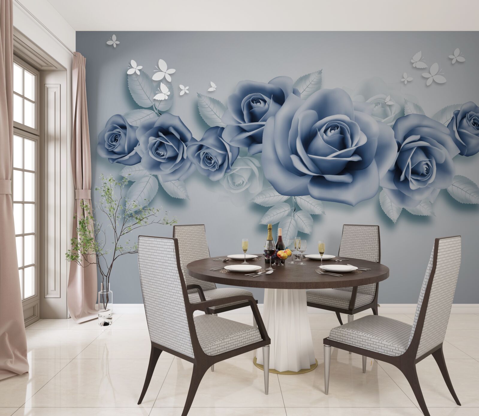 Fototapet Fluturi albi ca zăpada și trandafiri albaștri moi