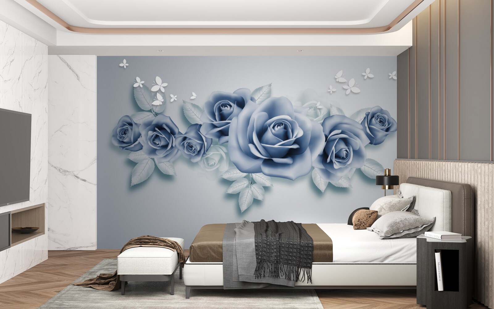 Fototapet Fluturi albi ca zăpada și trandafiri albaștri moi