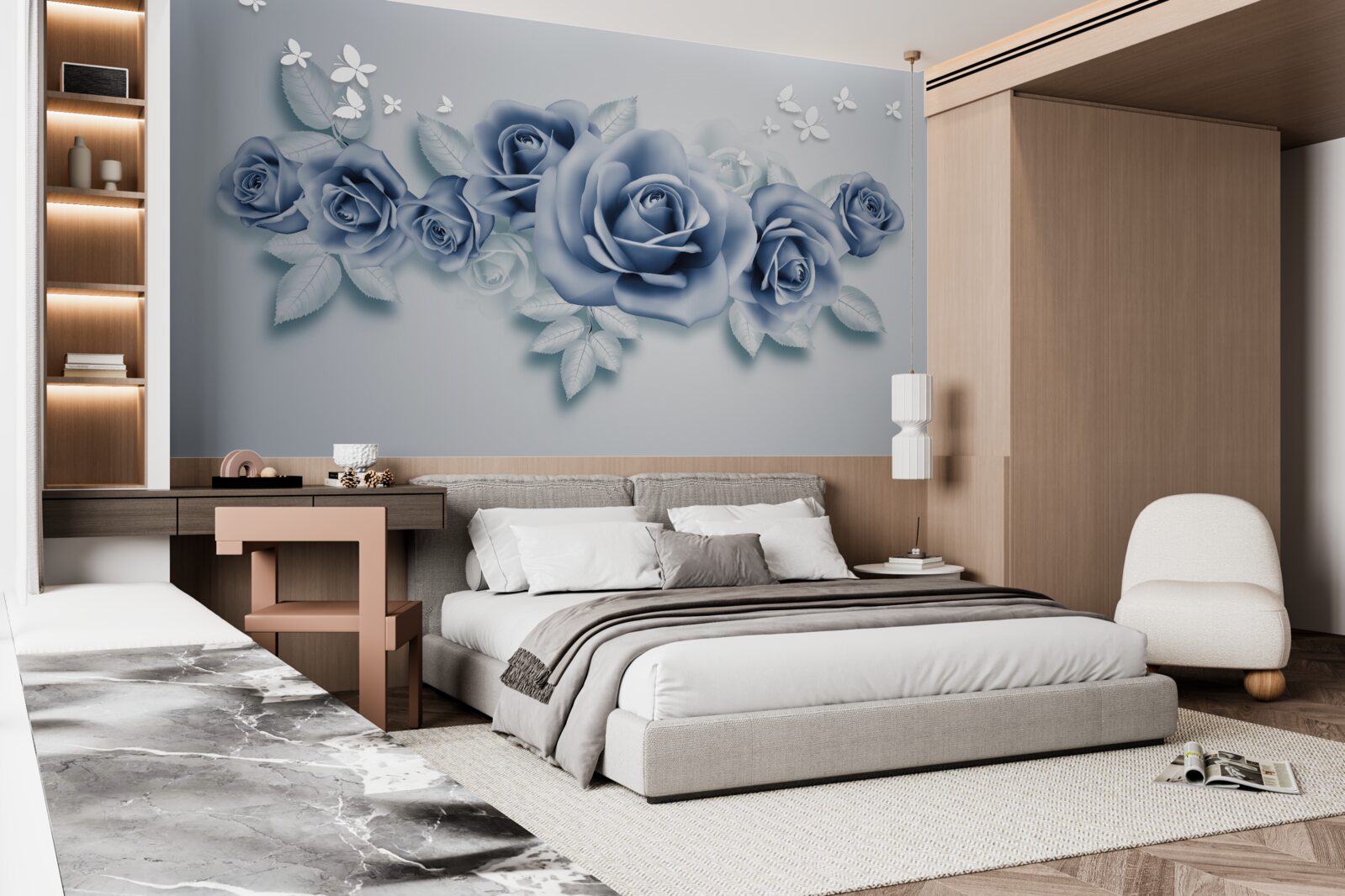 Fototapet Fluturi albi ca zăpada și trandafiri albaștri moi