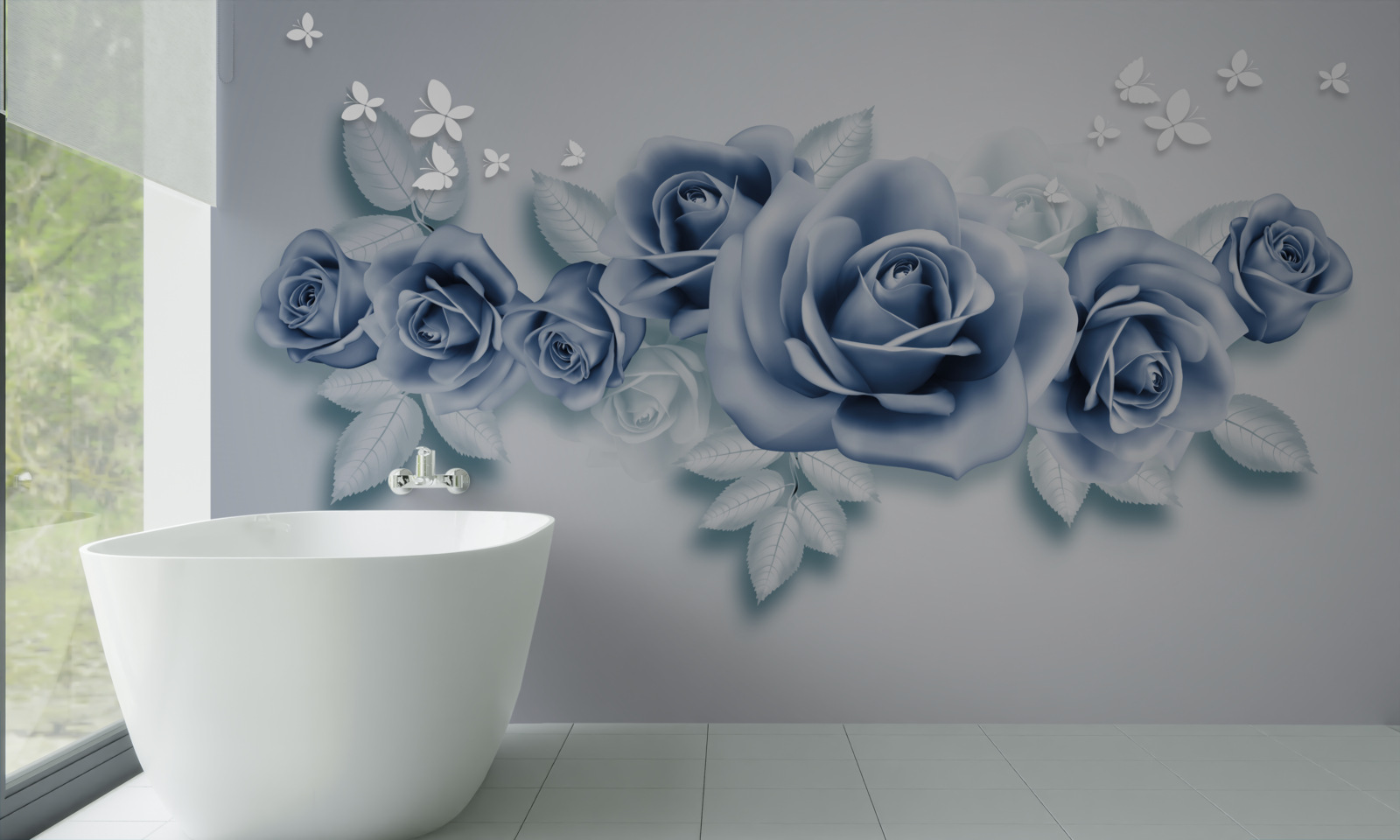 Fototapet Fluturi albi ca zăpada și trandafiri albaștri moi