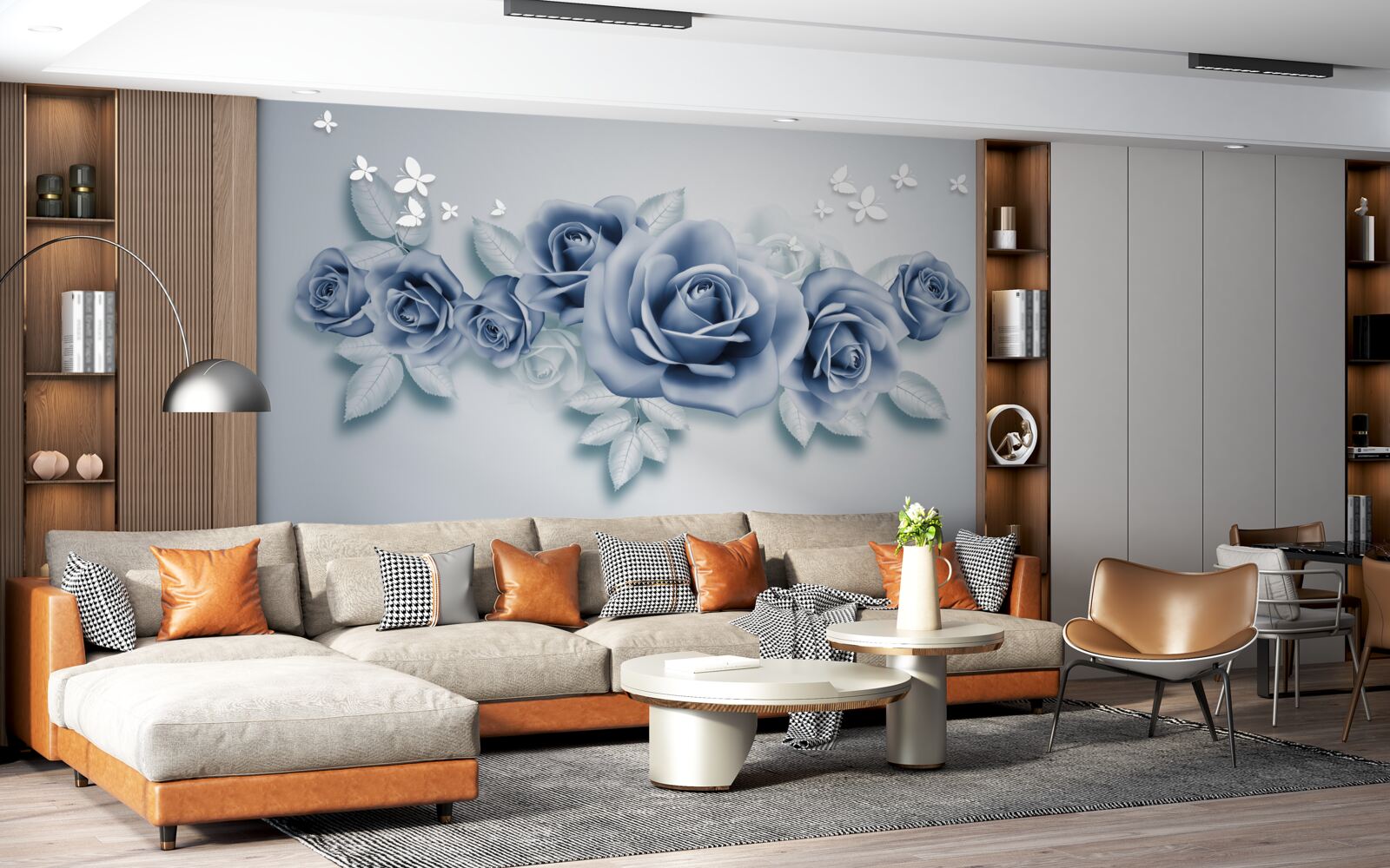 Fototapet Fluturi albi ca zăpada și trandafiri albaștri moi