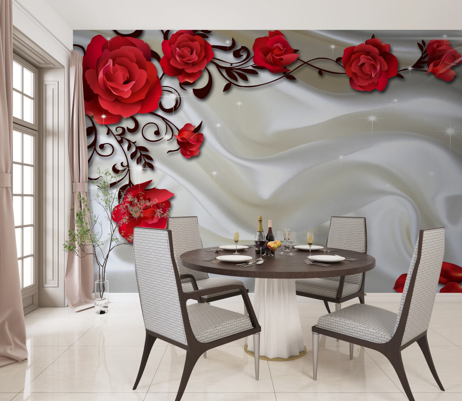 Fototapet ramuri de trandafiri roșii pe un fundal de mătase moale