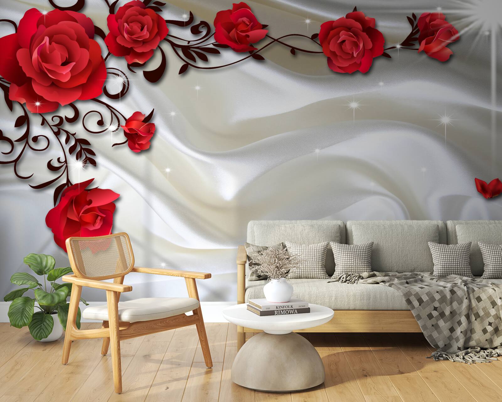 Fototapet ramuri de trandafiri roșii pe un fundal de mătase moale