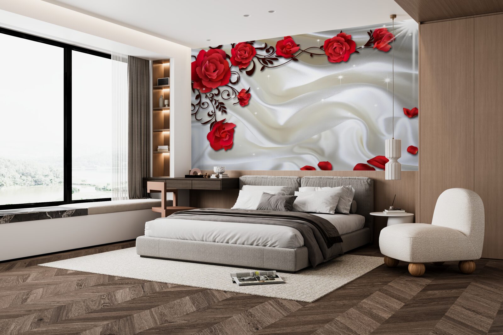 Fototapet ramuri de trandafiri roșii pe un fundal de mătase moale