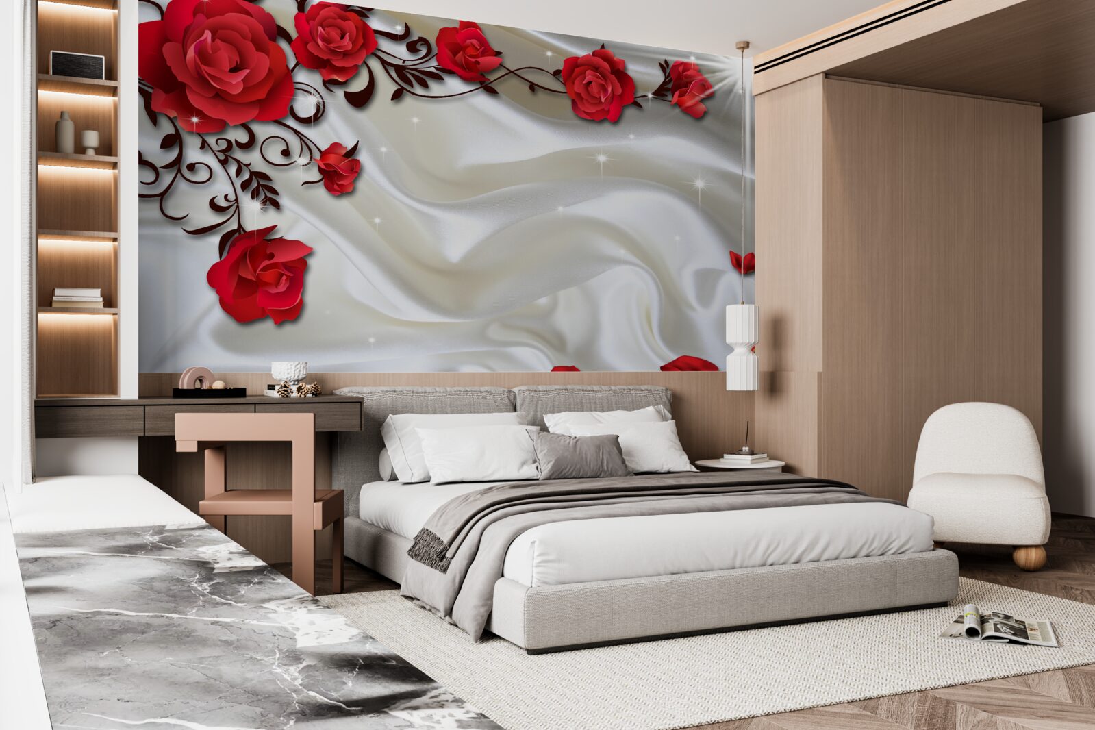 Fototapet ramuri de trandafiri roșii pe un fundal de mătase moale