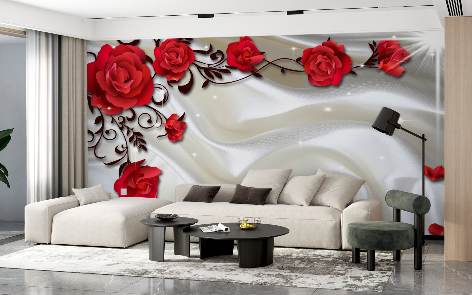 Fototapet ramuri de trandafiri roșii pe un fundal de mătase moale