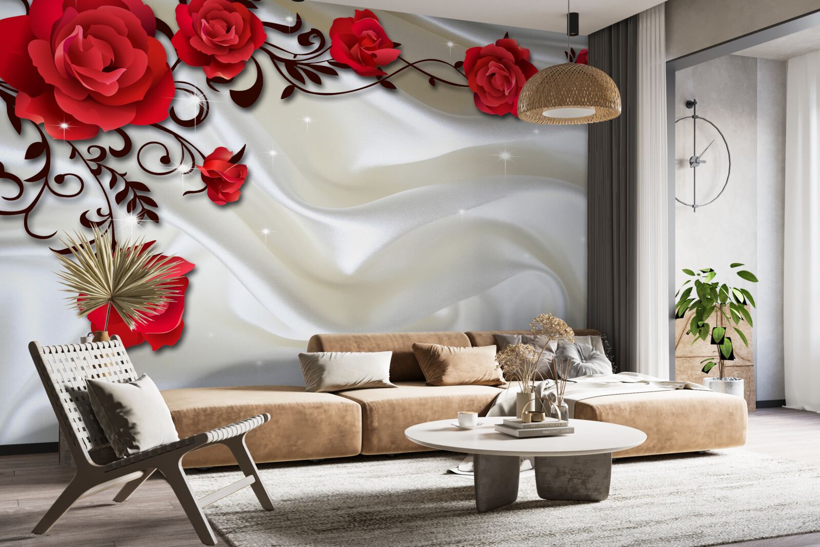 Fototapet ramuri de trandafiri roșii pe un fundal de mătase moale