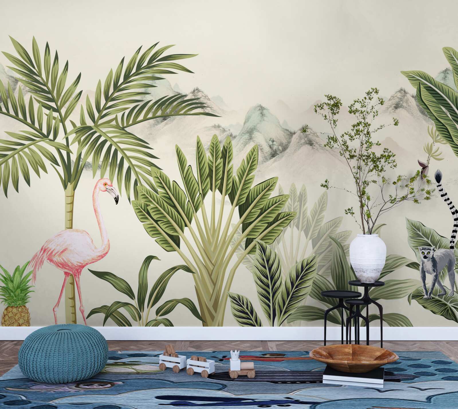 Fototapet tropice exotice și flamingo roz pastel