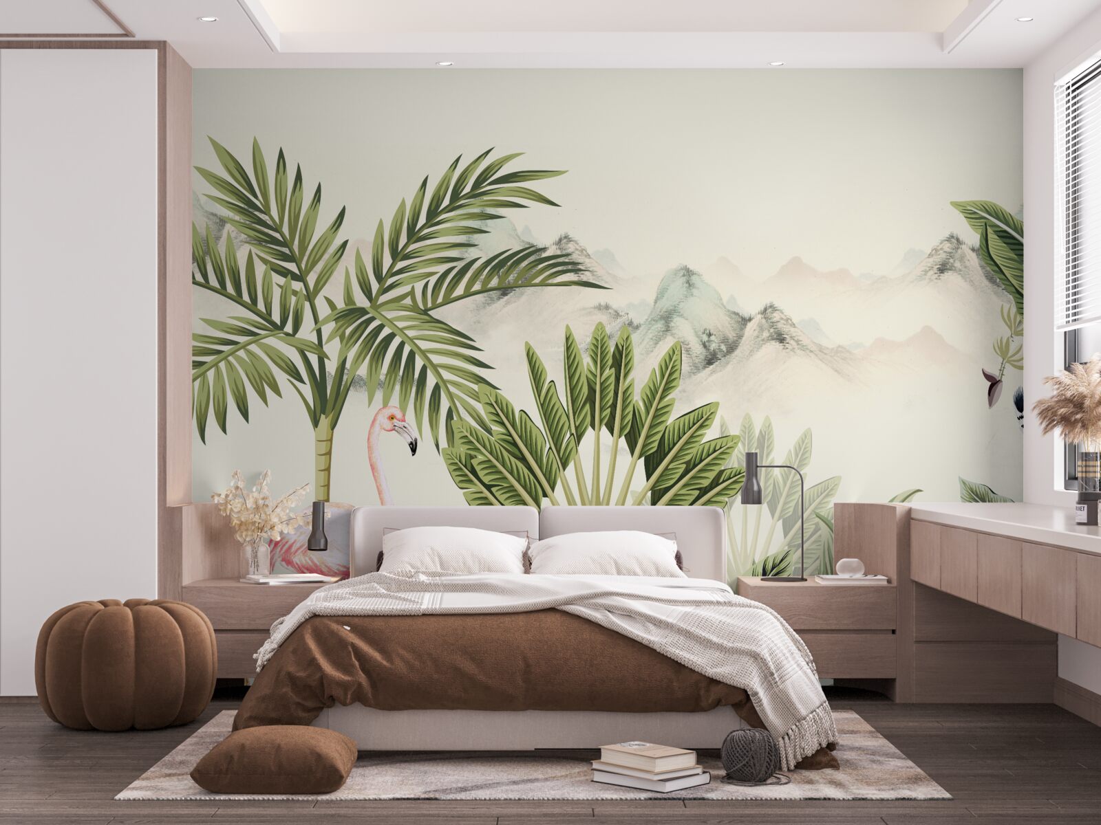 Fototapet tropice exotice și flamingo roz pastel