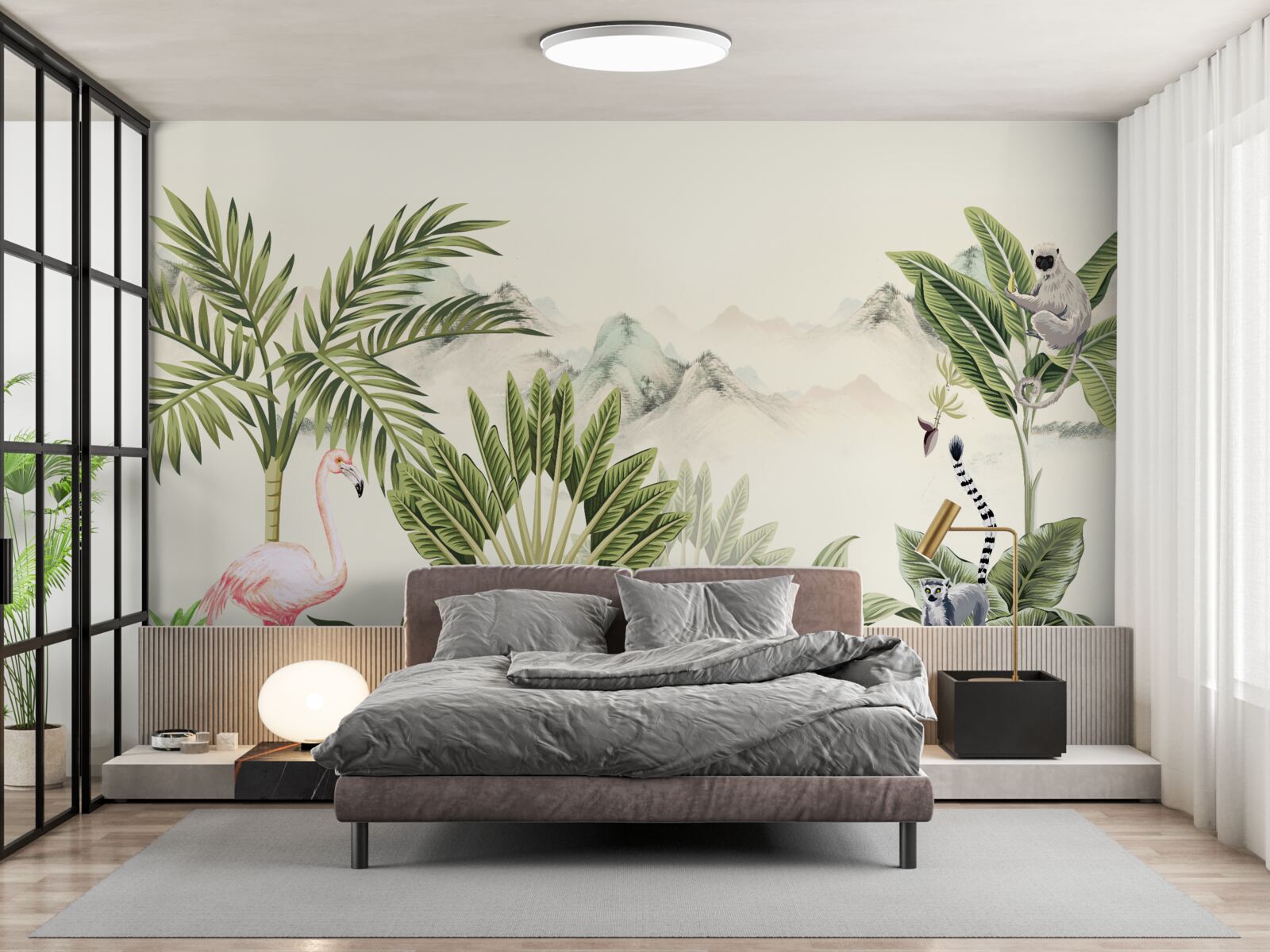 Fototapet tropice exotice și flamingo roz pastel